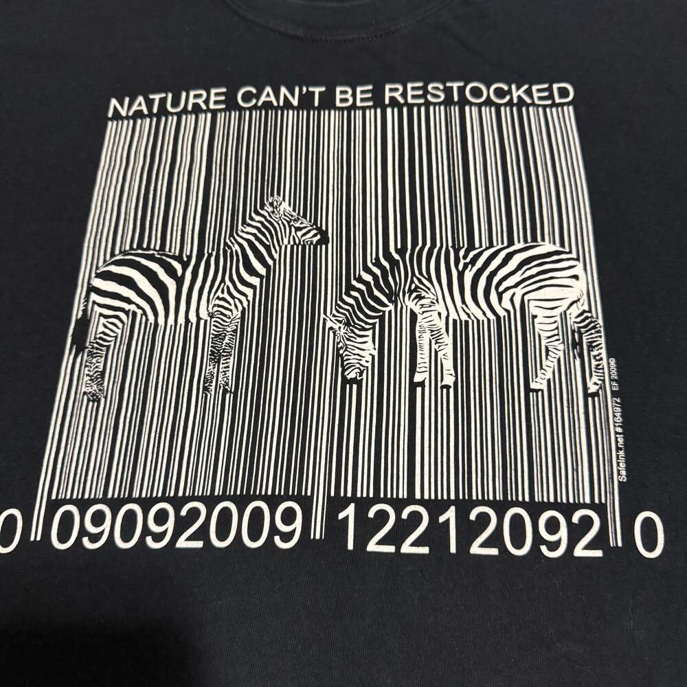 VTG Y2K Human-I-Tees Nature Can't Be Restocked Zebra Barcode T-Shirt